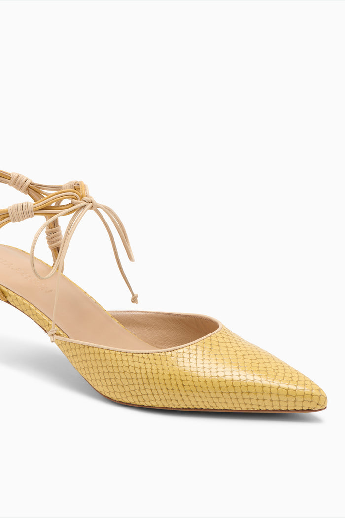 Lotus Python-Embossed Leather Kitten Heel Lace Strap Close-Up Detail | Ulla Johnson