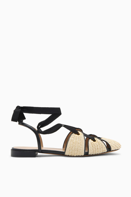 Sand Raffia Eyelet Detail Flat with Black Grosgrain Ankle Ties - Side View | Ulla Johnson