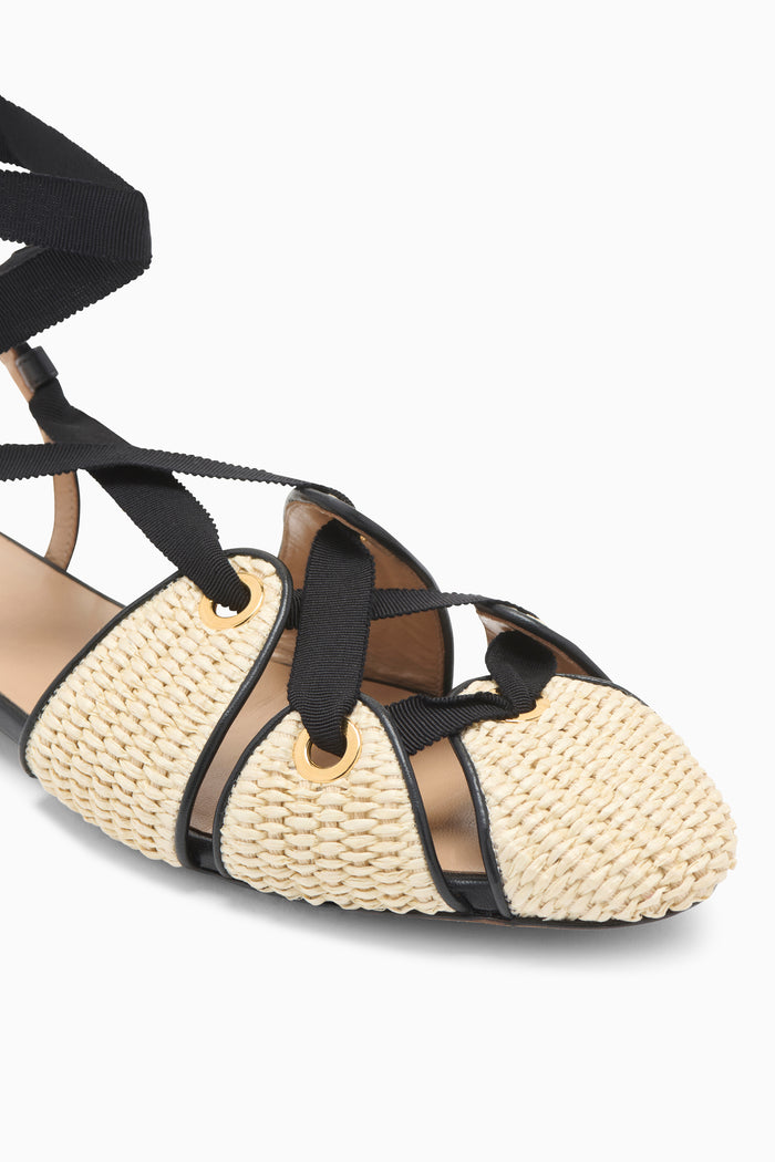 Sand Raffia Flat - Gold Eyelet and Leather Trim Close-Up Detail | Ulla Johnson