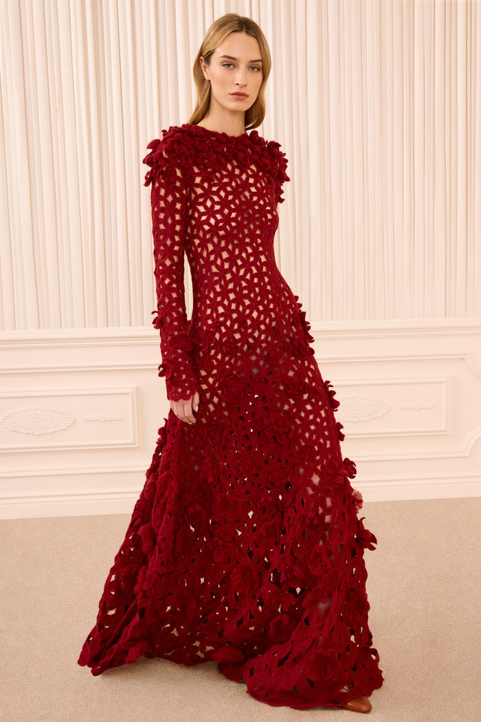 Astrid Crochet Dress with Embroidered Flowers - Cerise