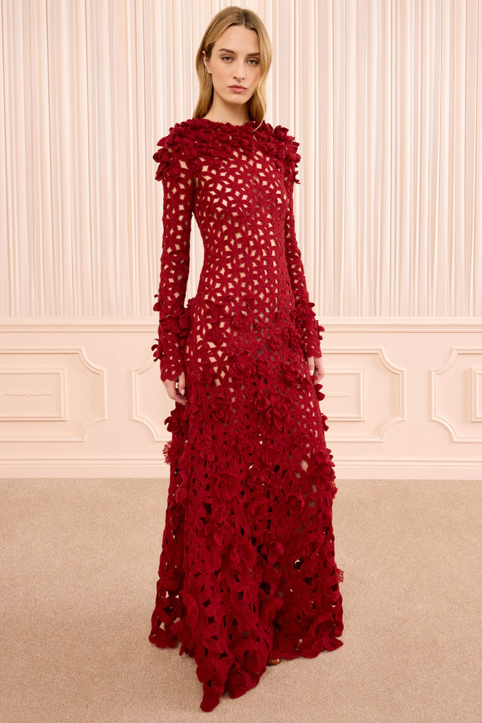 Astrid Crochet Dress with Embroidered Flowers - Cerise
