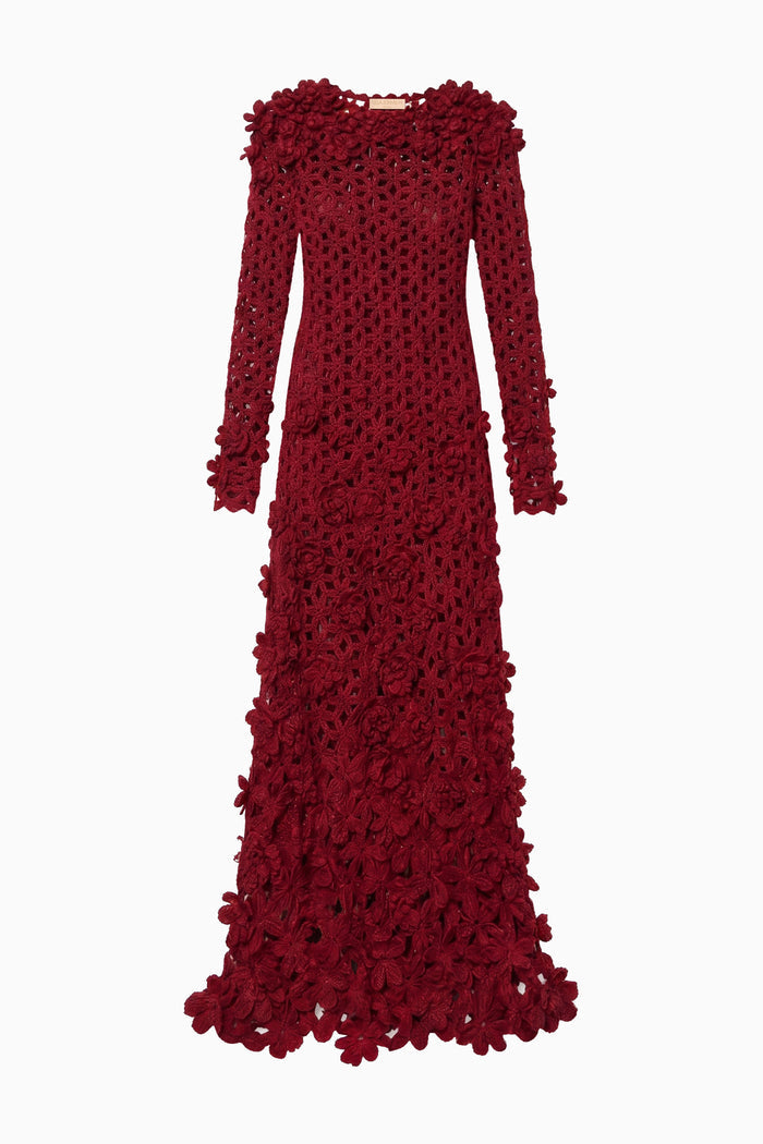 Astrid Crochet Dress with Embroidered Flowers - Cerise