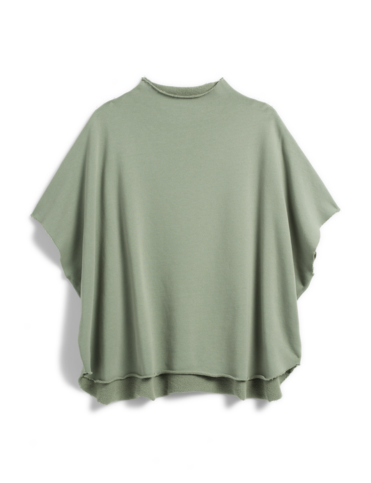 An oversized sage green knit poncho-style top with a mock neck and wide draped sleeves, shown flat against a white background.