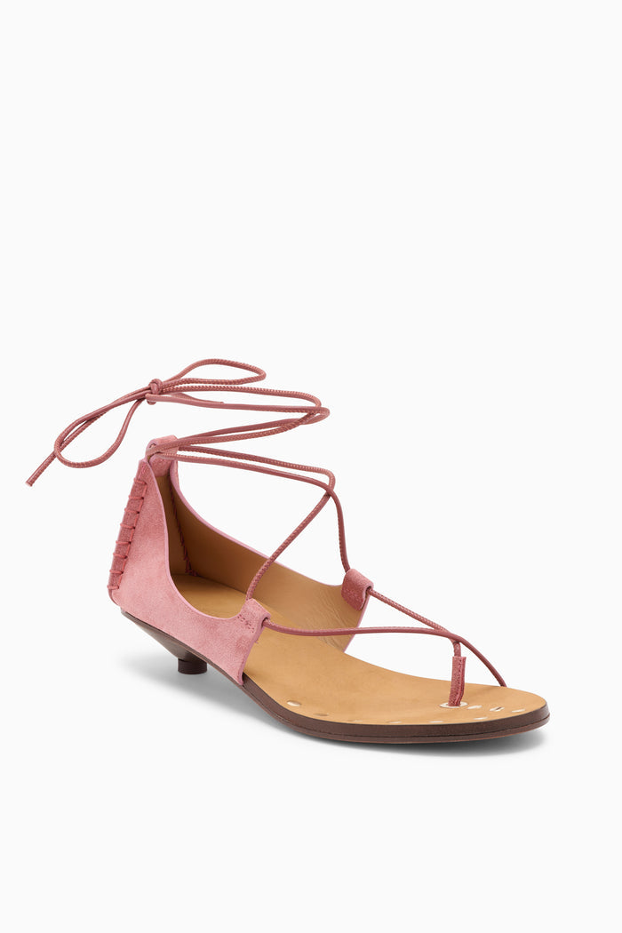 Fig Suede Designer Kitten Heel Sandal, Ankle Wrap - Three-Quarter View | Ulla Johnson