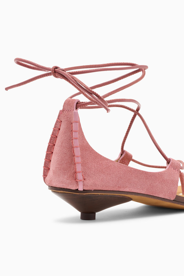 Fig Suede Kitten Heel Sandal, Hand-Stitched Heel Detail - Back Close-Up | Ulla Johnson