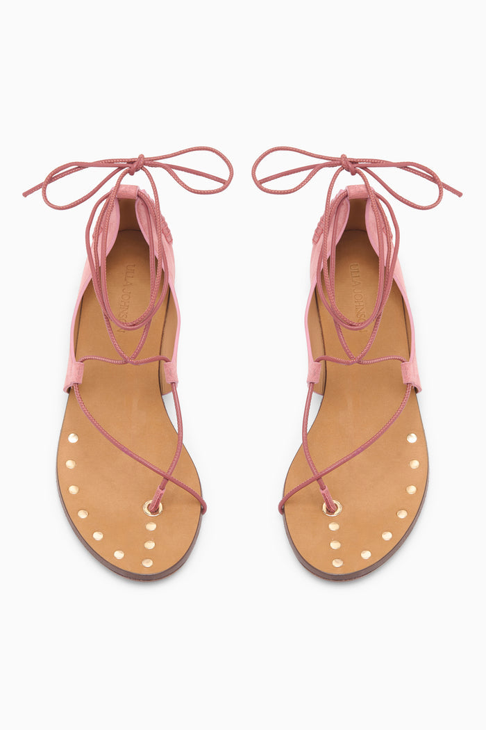 Fig Suede Luxury Sandal, Gold Studded Insole & Lace-Up Ties - Top View | Ulla Johnson