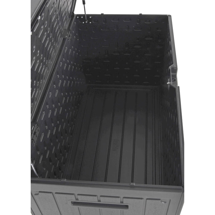 Inside view of a large grey deck box for garden use