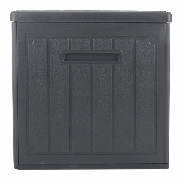 Side view of a grey deck box with side handles