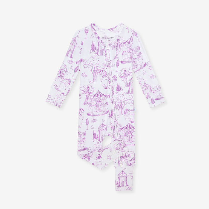 Baby onesie with purple and white pattern on a white background