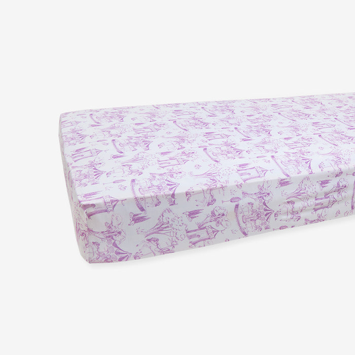 Fitted sheet with purple floral pattern on a white background