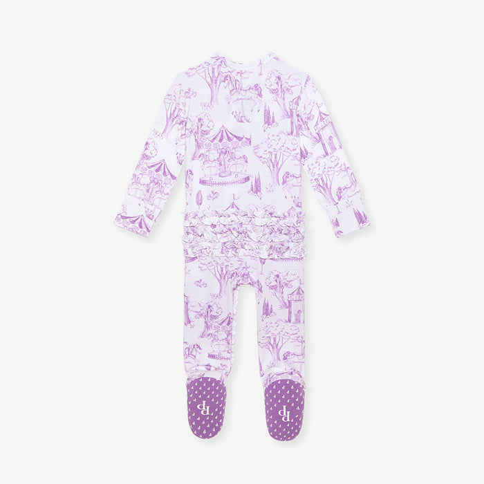 Back image of purple children's onesie with castle pattern on a white background