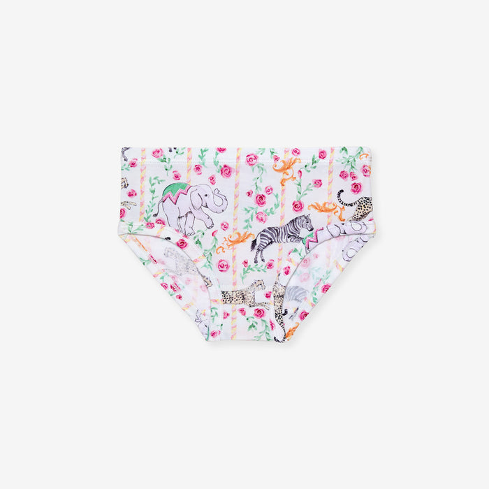 Pair of women's underwear with animal and floral pattern on a white background