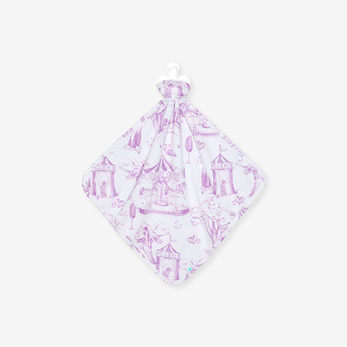 reversible lovey with purple and white pattern on a white background