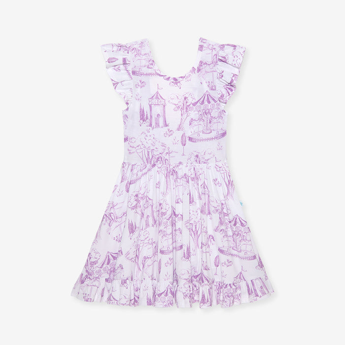 White dress with purple floral pattern on a white background
