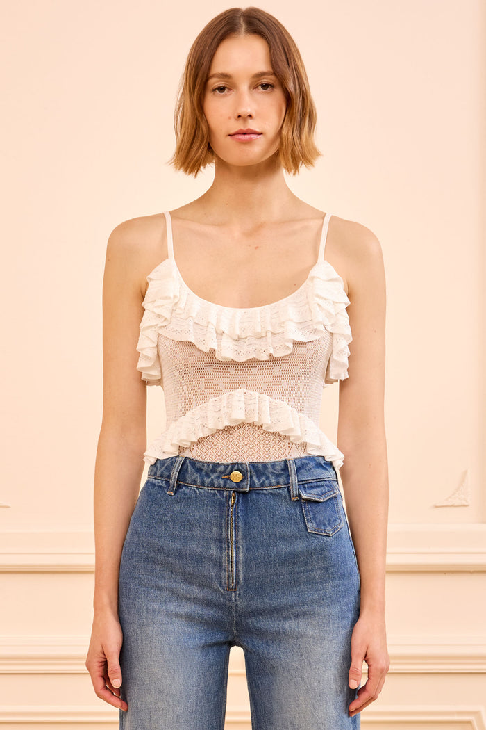 Pearled Ivory Pointelle Knit Bodysuit with Ruffles - Front View | Ulla Johnson
