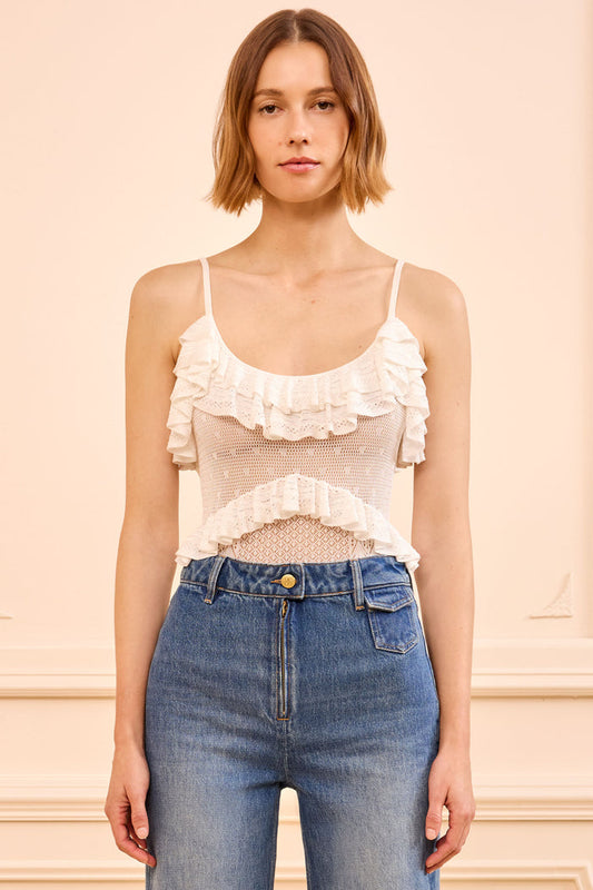Pearled Ivory Pointelle Knit Bodysuit with Ruffles - Front View | Ulla Johnson