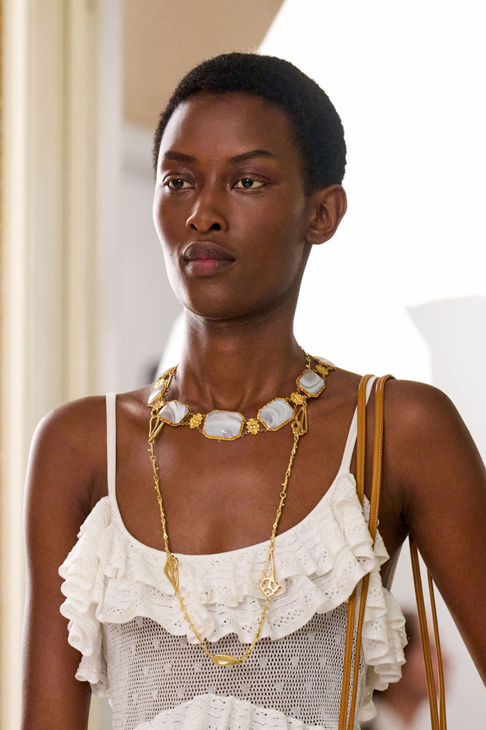 Ivory Ruffled Knit Bodysuit SS26 Runway Look 22 - Styled with Gold Jewelry | Ulla Johnson