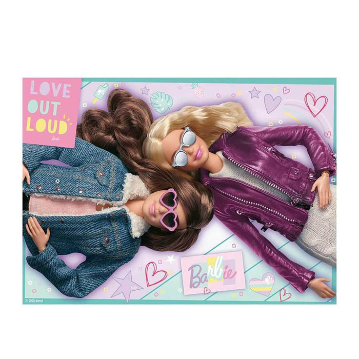 2 Barbie dolls lying down with Love out Loud slogan