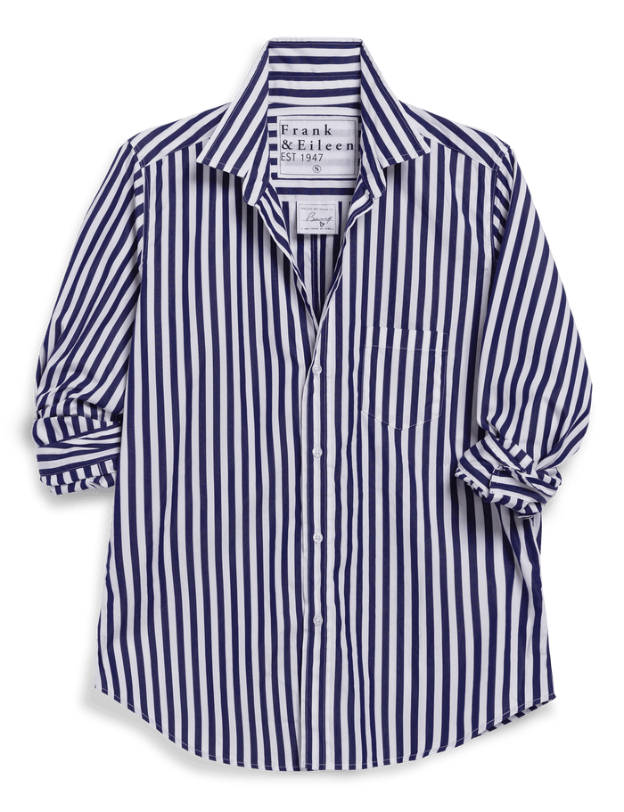 Navy and white striped shirt with a brand label on a transparent background