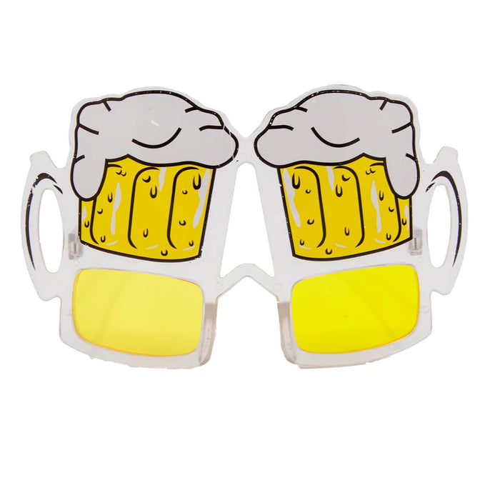 Novelty sunglasses with yellow tinted lenses, beer mug design on a white background