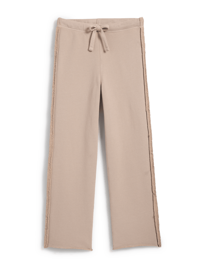 A pair of wide-leg, straight-cut pants in a light beige or taupe color, featuring a matching drawstring waistband and textured fringe trim running down the outer sides of the legs, shown against a plain white background.