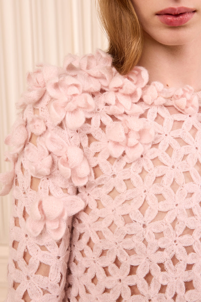 Bendetta Crochet Pullover with Embroidered Flowers- Powder