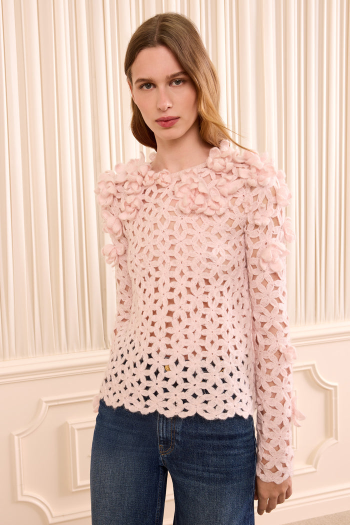 Bendetta Crochet Pullover with Embroidered Flowers- Powder