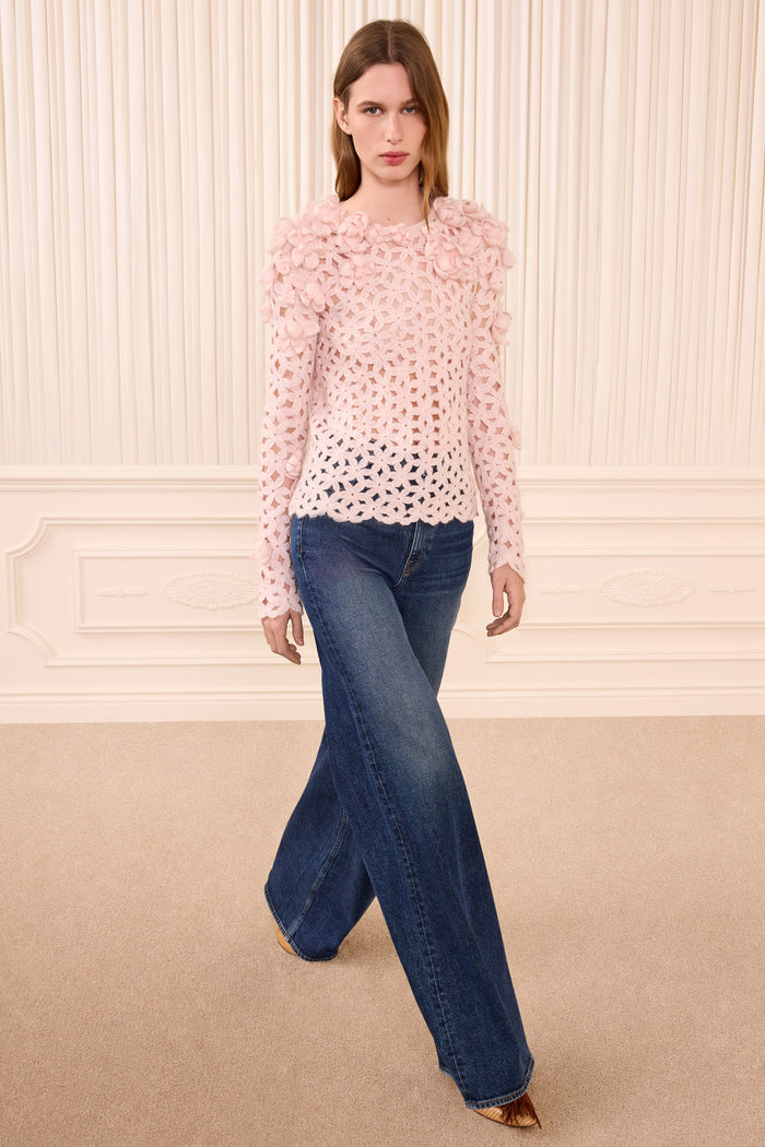 Bendetta Crochet Pullover with Embroidered Flowers- Powder