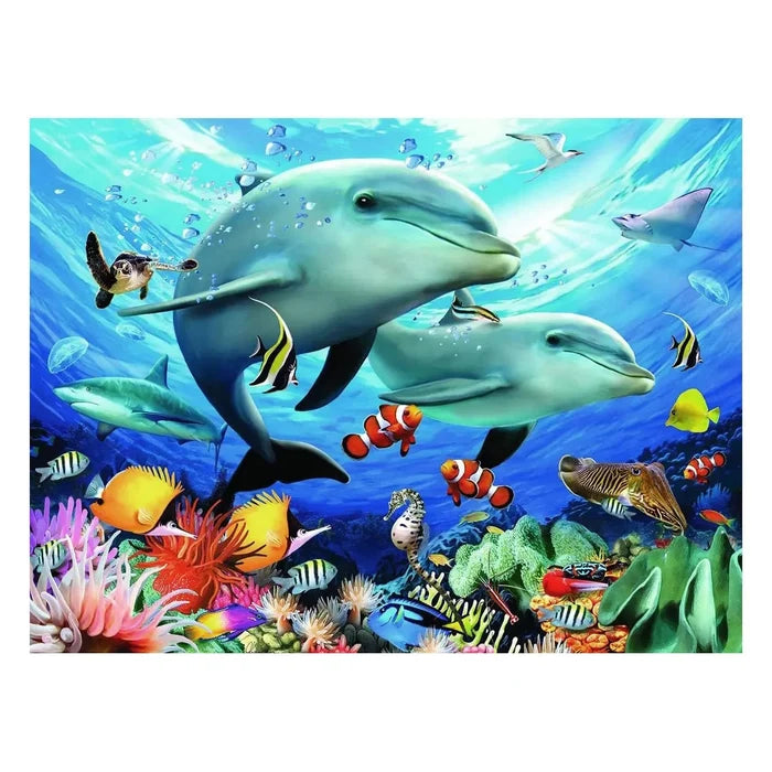 Colourful underwater scene with dolphins, clown fish, turtle and lots more sea creatures