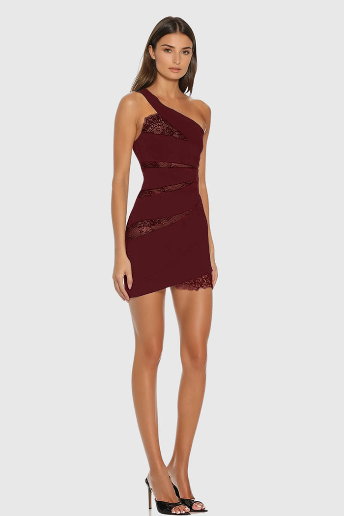 Bidelia Lace Mesh Single Shoulder Mini Dress In Red