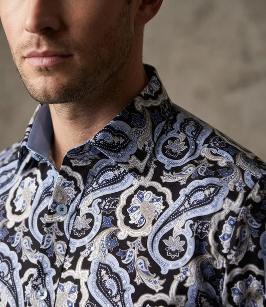 Black & Blue Paisley Print Men's Shirt with Matching Handkerchief
