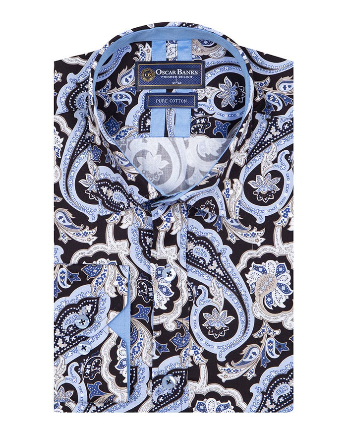 Black & Blue Paisley Print Men's Shirt with Matching Handkerchief-Makrom