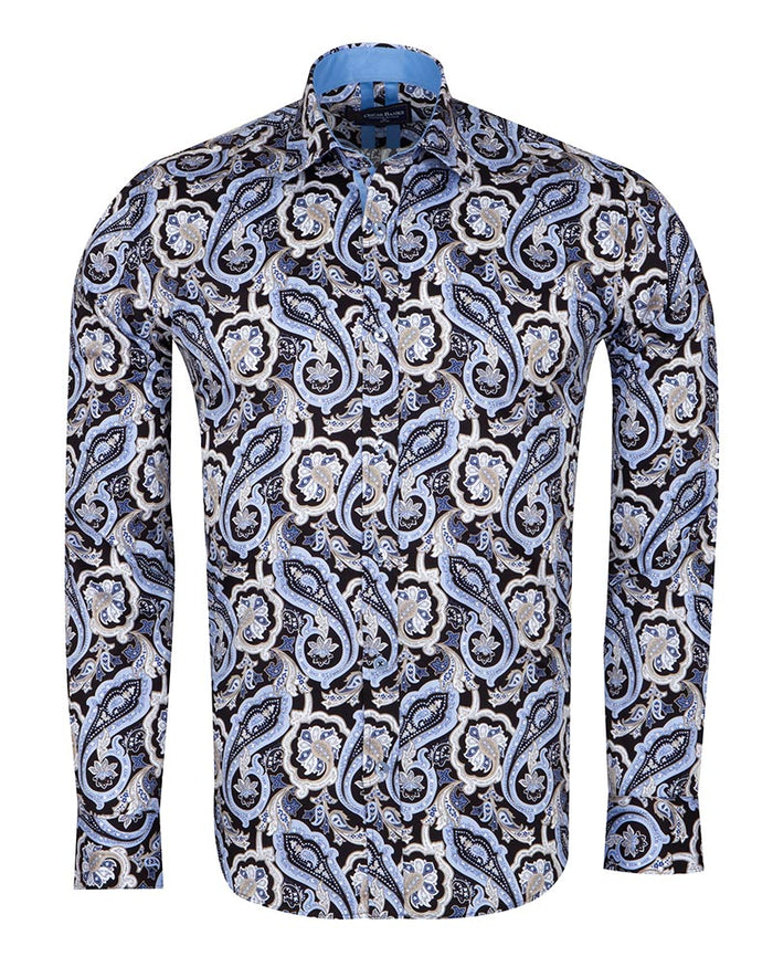 Black & Blue Paisley Print Men's Shirt with Matching Handkerchief-Makrom