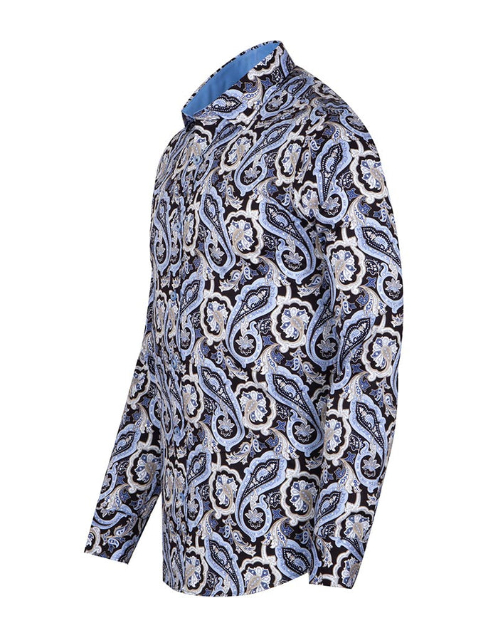 Black & Blue Paisley Print Men's Shirt with Matching Handkerchief-Makrom