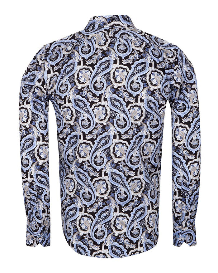 Black & Blue Paisley Print Men's Shirt with Matching Handkerchief-Makrom