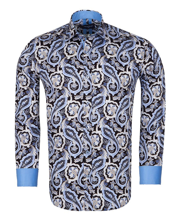 Black & Blue Paisley Print Men's Shirt with Matching Handkerchief-Makrom