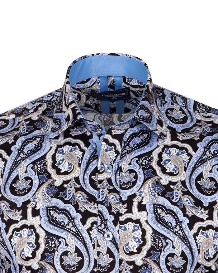 Black & Blue Paisley Print Men's Shirt with Matching Handkerchief-Makrom