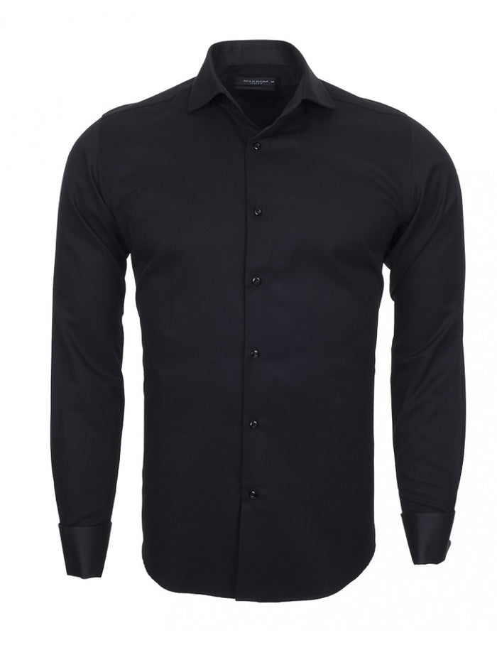 Black Casual Twill Double Cuff Long Sleeve Shirt-Makrom