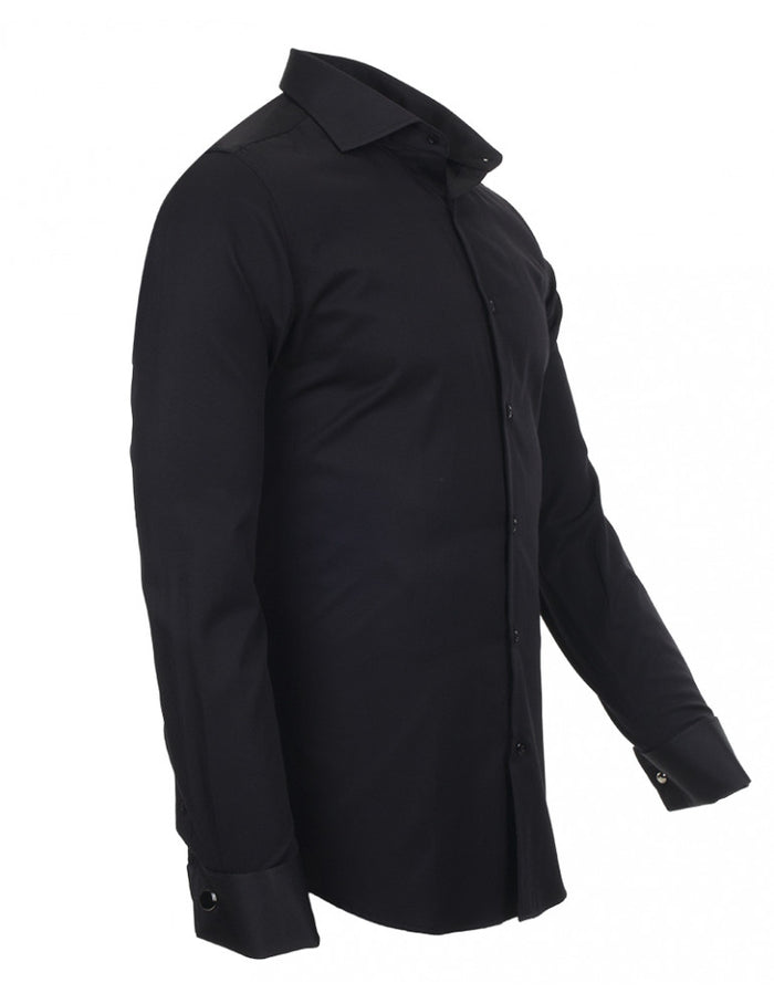 Black Casual Twill Double Cuff Long Sleeve Shirt-Makrom
