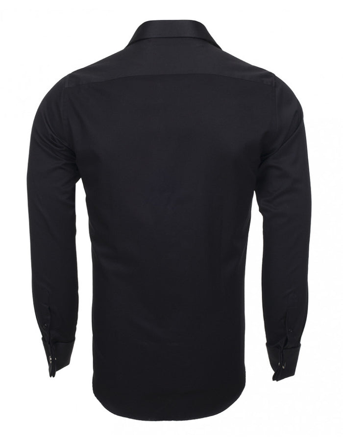 Black Casual Twill Double Cuff Long Sleeve Shirt-Makrom
