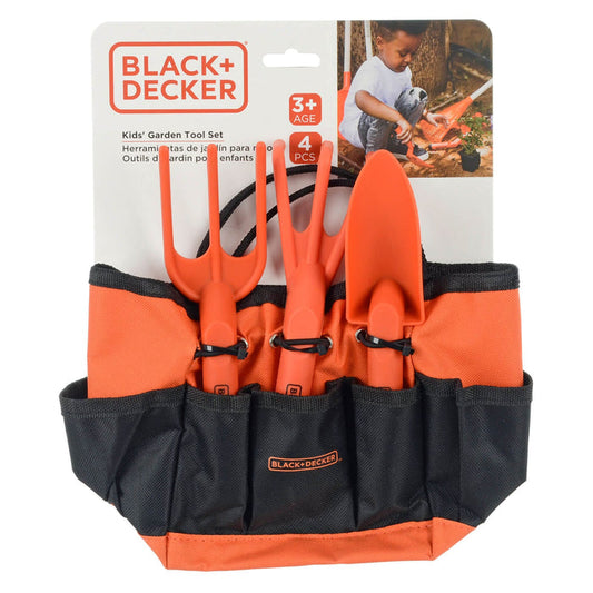 Black + Decker kids' garden tool set with black and orange garden bag