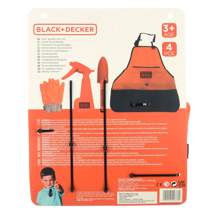 Back of the pack of Black + Decker kids' garden tool set with apron