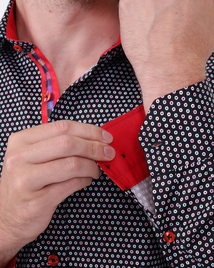 Black Dotted Mosaic Print Shirt with Matching Handkerchief-Makrom