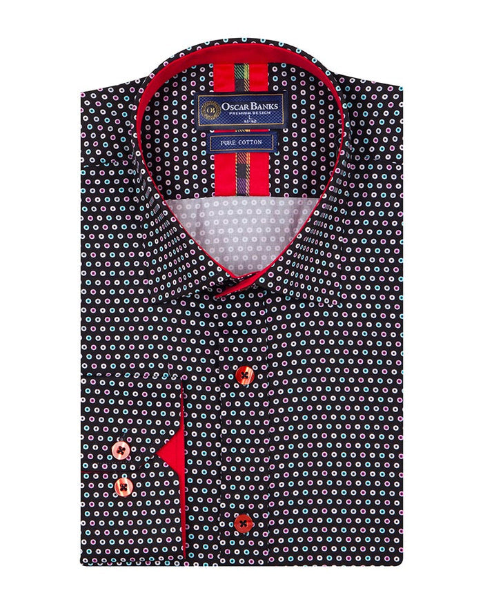 Black Dotted Mosaic Print Shirt with Matching Handkerchief-Makrom