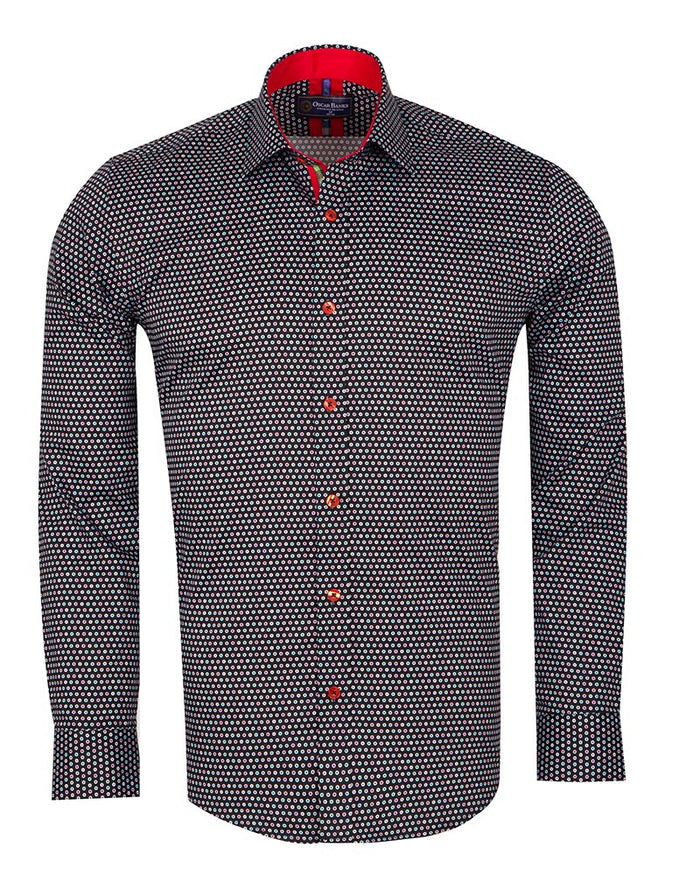 Black Dotted Mosaic Print Shirt with Matching Handkerchief-Makrom