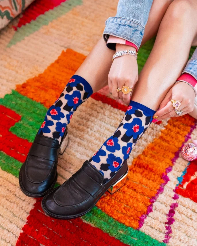 Blue Bold Floral Sheer Crew Sock