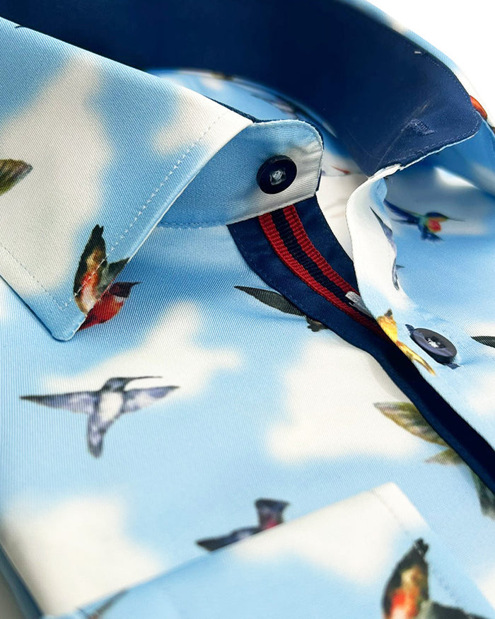 Blue Colourful Hummingbirds Print Men's Shirt-Makrom