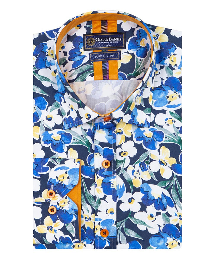 Blue Cosmos Flower Print Shirt with Matching Handkerchief-Makrom
