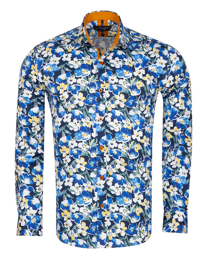 Blue Cosmos Flower Print Shirt with Matching Handkerchief-Makrom