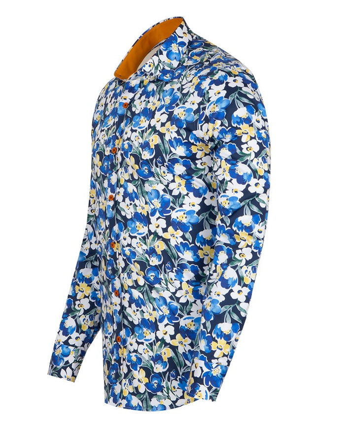 Blue Cosmos Flower Print Shirt with Matching Handkerchief-Makrom